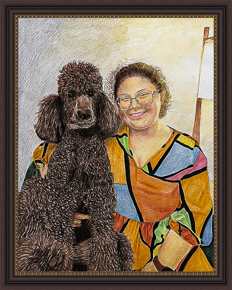 Colored pencil drawing of a woman with glasses hugging her poodle